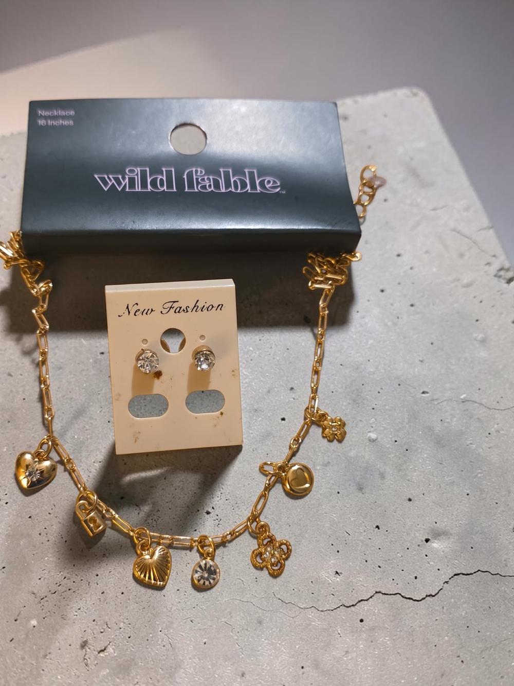 wild fable Gold Charm Necklace with Crystal Stud Earrings
